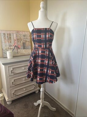 Plaid Spaghetti-Strap Fit & Flare Dress in Navy and Red